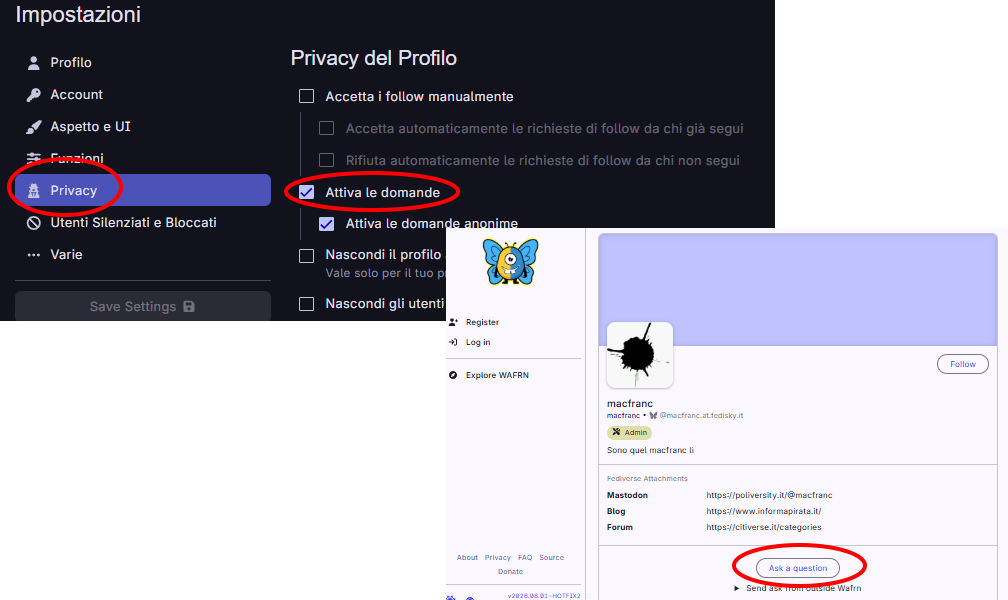 Attivare le domande anonime da
Impostazioni | Privacy